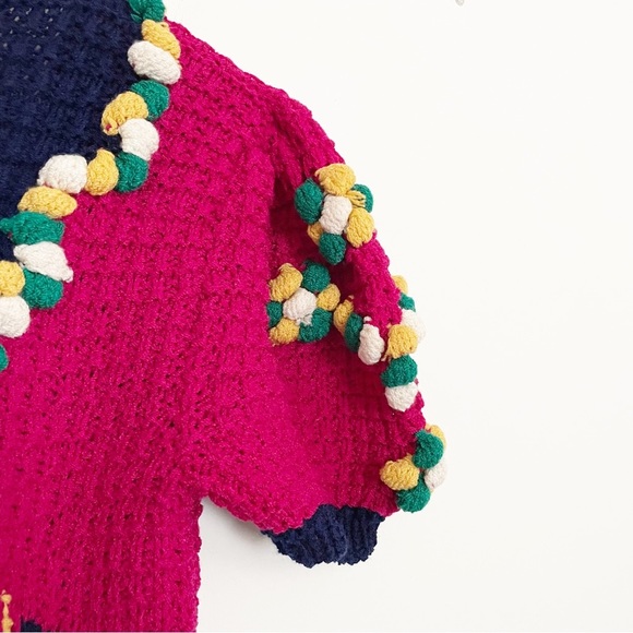 Vintage Puff Sleeve Pom Pom Bauble Knit Sweater Tulip Floral Pattern Size Small - Picture 6 of 8